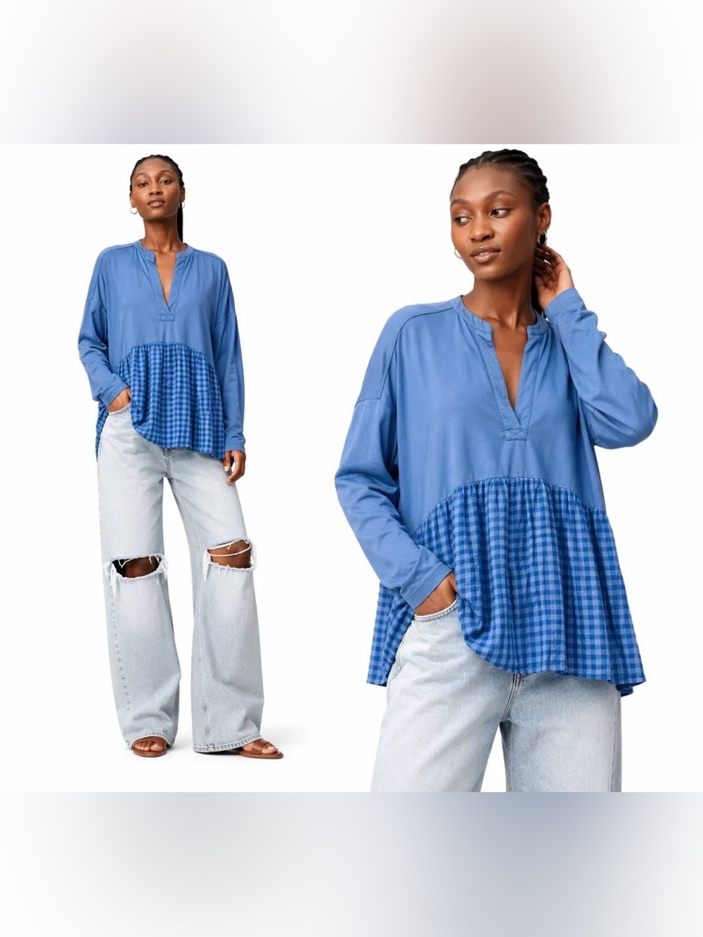 Pilcro Blue Layered Gingham Peasant Tunic